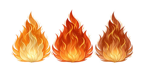 Three flame illustrations in different shades of orange and red isolated on transparent background