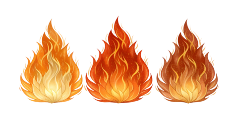 Three flame illustrations in different shades of orange and red isolated on transparent background