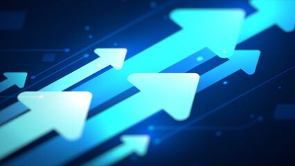 Growth progress speed business success, glowing diagonal arrows moving upward shallow depth of field