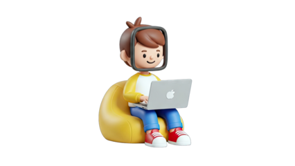 3D Cartoon Boy Working on Laptop in Beanbag Chair