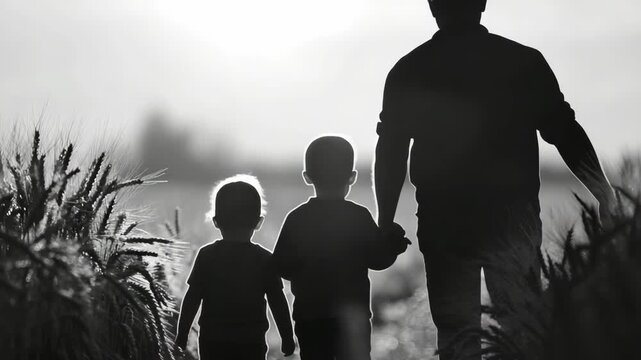 A father walking with his two children through a field, enjoying the outdoors together.
