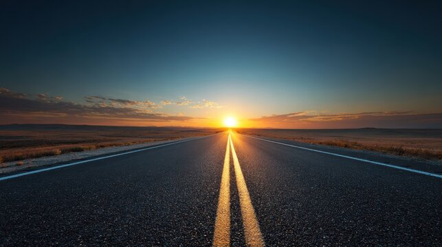 Endless asphalt road stretching towards a vibrant sunset over a vast, open landscape - Powered by Adobe