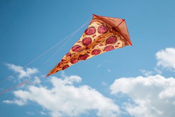 kite shaped like slice of pizza flying in the sky