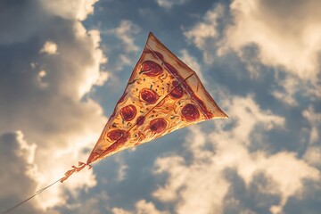 kite shaped like slice of pizza flying in the sky
