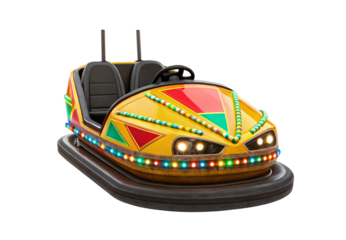 Colorful bumper car with geometric patterns and LED lights, isolated on a transparent background