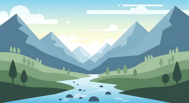 Flat design vector illustration of a mountain valley landscape with a flowing river and green hills under a clear sky. - Powered by Adobe