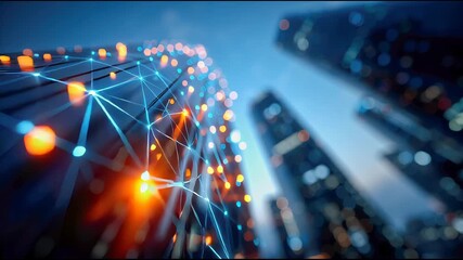 Abstract futuristic digital network connecting modern skyscrapers, symbolizing data flow, smart cities, and technology - Powered by Adobe