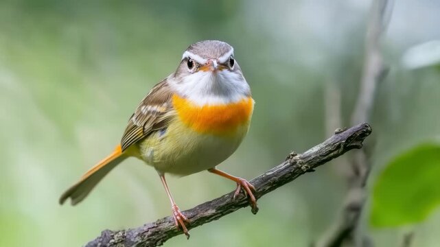 A small yellow-throated vireo perched confidently on a branch in the woods.