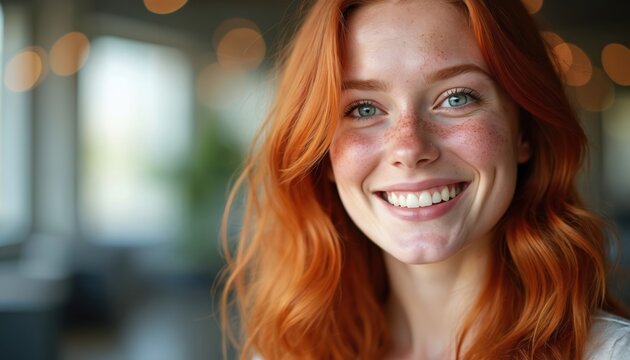 Happy red haired woman with freckles smiles at camera. Portrait of young beautiful girl. Cheerful face of attractive female. Smiling face shows positive emotion. Happy person expresses joy, delight.