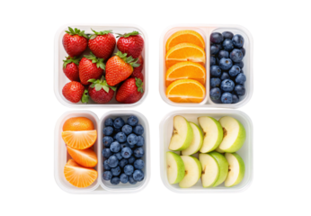Four meal prep containers with fresh fruits including strawberries blueberries oranges apples, isolated on a transparent background