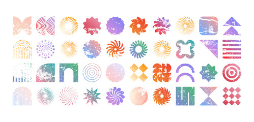 Colorful geometric shapes, modern grunge symbols. Simple primitive elements and forms, distressed details. Retro design, aged, vintage, trendy contemporary minimalist style, y2k. Vector illustration