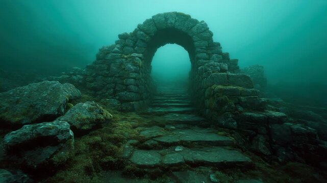 Stone Archway Steps Under Water with Fog in Turquoise Tones and Moss Covered Rocks in Dark Moody Lighting Leads to Mystery Place in Cinematic Atmosphere