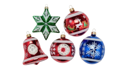 Isolated collection of glass Christmas tree ornaments on a neutral surface, holiday decorative items