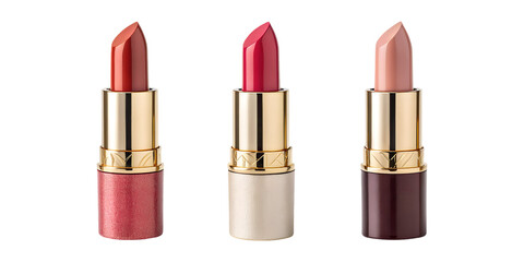 Fototapeta premium Three lipsticks in different shades and textures isolated on transparent background
