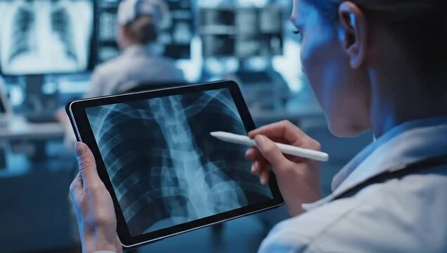 Female doctor analyzing a patients chest xray on a digital tablet in a modern medical facility