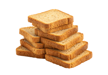 Stack of toasted bread slices arranged in pyramid formation crispy golden, isolated on a transparent background