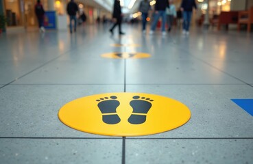 Yellow footstep floor stickers guide people distance in mall interior. Social distancing markers help maintain safe space between shoppers. New normal safety measure in public places.