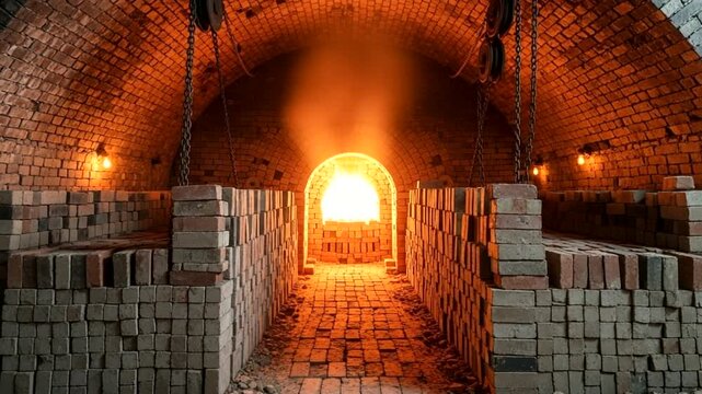 Brick kiln interior with glowing furnace and stacked bricks