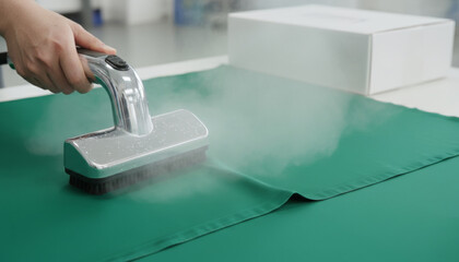 Steam ironing process for fabric care in a modern laundry room close-up view domestic setting