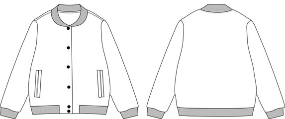 Classic Varsity Bomber Jacket Vector Template &ndash; Front and Back View, Rib Collar and Cuffs