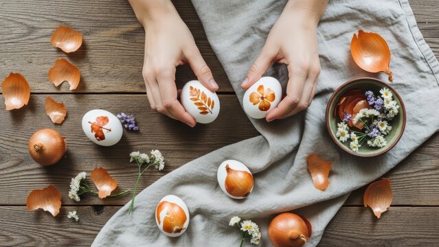 Woman holding naturally dyed Easter eggs with leaf and flower prints. Concept of homemade organic eco-friendly Easter egg coloring with onion peels.