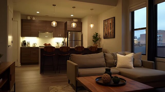 Cozy Contemporary Living Room with Warm Lighting and City View Through Large Windows
