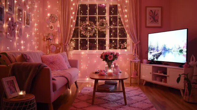 Cozy Living Room Scene Bathed in Pink Fairy Lights, Soft Cushions, and Warm Ambience
