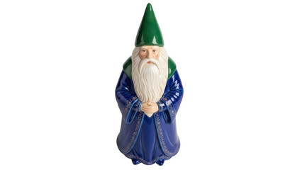 Isolated Wizard Figure in Blue Robe and Green Hat with Long Beard, Decorative Ornament