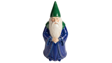 Isolated Wizard Figure in Blue Robe and Green Hat with Long Beard, Decorative Ornament