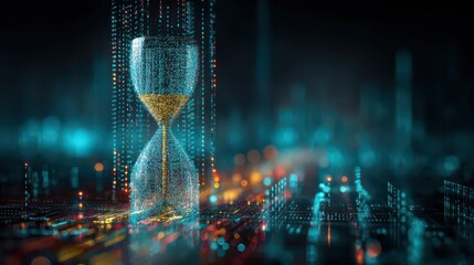 Abstract Digital Hourglass Symbolizing Time And Technology With Glowing Blue And Orange Particles Over A Blurry Cityscape Background