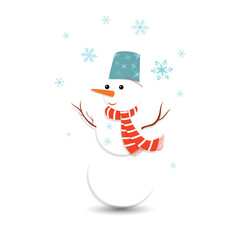 Happy snowman on a winter background, Christmas card. Cute snowman in a hat