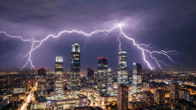 dramatic lightning bolts striking modern skyscrapers in night city skyline. thunderstorm with dark purple clouds and electric power. dangerous weather concept. insurance, energy, financial crisis.