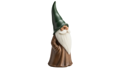 Isolated garden gnome figurine with green pointed hat and long white beard, outdoor ornament