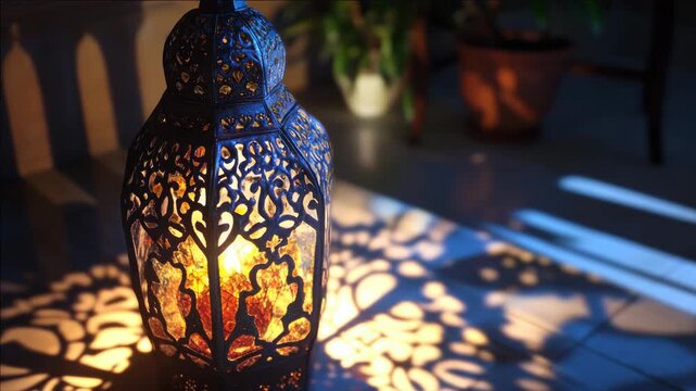 Handmade ceramic oil lantern with intricate pattern on stone ground, providing a warm and ambient light.