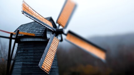 Rustic charm: Rotating windmill stands tall in hazy countryside environment evoking a sense of