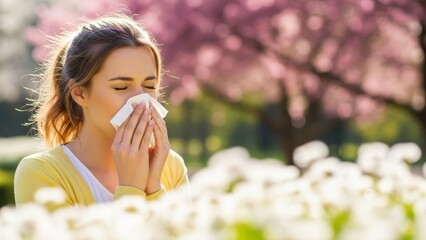 Young woman suffering from seasonal allergies and hay fever while sneezing into tissue in blooming spring park. Perfect for healthcare blogs, pharmaceutical advertisements, medical wellness articles