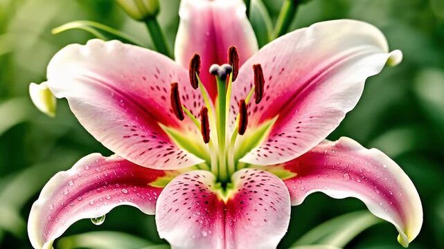 A stunning close-up reveals the intricate beauty of a vibrant pink and white lily flower, adorned with delicate water droplets glistening on its petals. The intricate patterns, prominent stamens, and 
