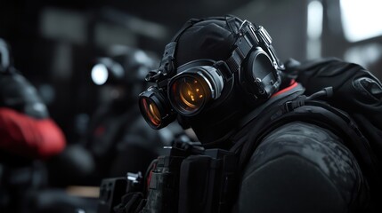 Obraz premium Intense portrait of a tactical team member wearing advanced night vision goggles with focused