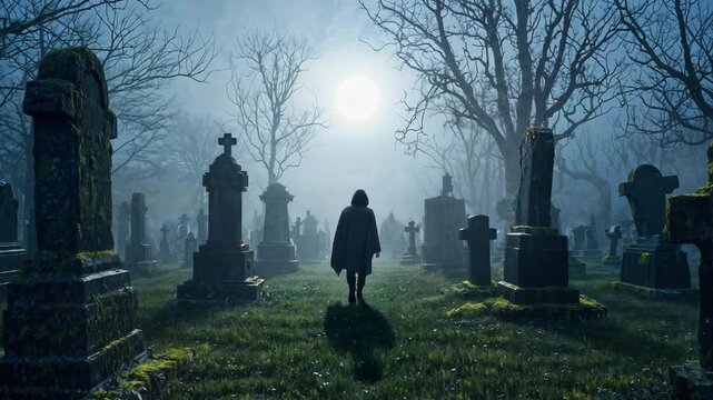 Mysterious cloaked figure walks through an ancient overgrown cemetery surrounded by weathered gravestones beneath a bright full moonlit night sky