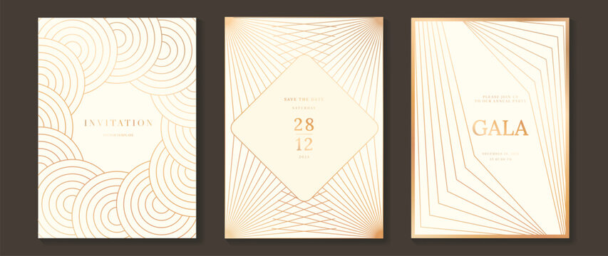Naklejki Luxury art deco vector invitation card set with gold line geometric patterns on cream background. Elegant premium design for gala event wedding celebration poster and branding.