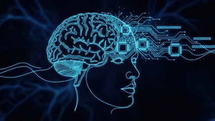 Futuristic human brain connected to microchips in a digital neural network concept