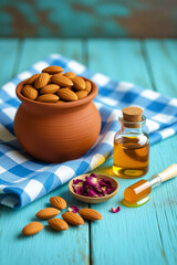 Still life composition with almonds, almond oil in glass bottle with dropper, and dried rose petals on turquoise wooden table. Concepts of organic skincare, healthy nutrition, wellness, cosmetic