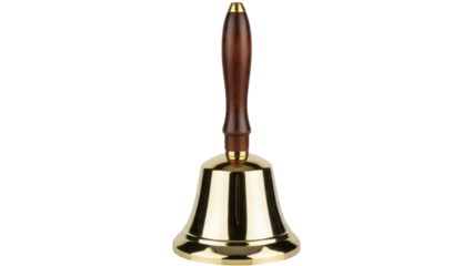 Isolated shiny golden handbell on a plain surface with a wooden handle for calling attention