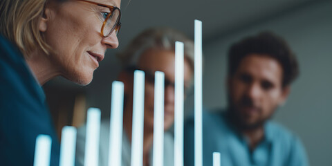 Focused business colleagues analyzing illuminated bar graph during strategic planning session.