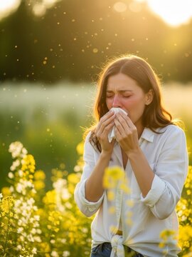 Woman blowing nose in a field of yellow flowers, suffering from seasonal allergy and hay fever during spring time in nature.
