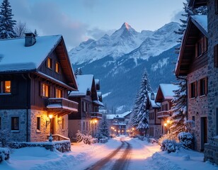 Fototapeta premium Snowy village street with stone houses and lit windows. Tall snow covered mountains rise behind fir trees under a twilight sky. Cozy lights glow on path.