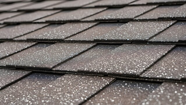 Wet brown roof shingles with white granules