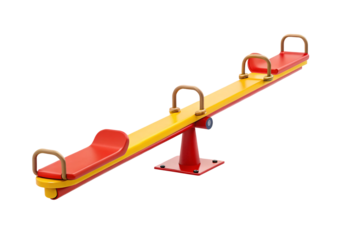 Colorful playground seesaw with red and yellow seats and handles for children outdoor recreation, isolated on a transparent background