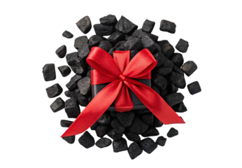 Scattered black coal pieces with red ribbon bow on dark gift box creative arrangement, isolated on a transparent background