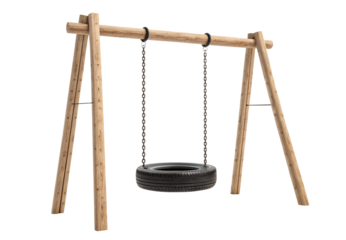 Natural wood A-frame swing set structure with tire swing hanging from chains on crossbeam, isolated on a transparent background